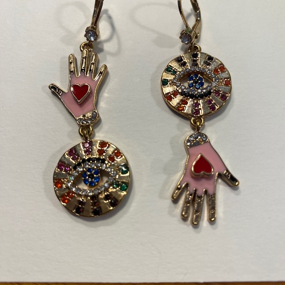 betsey johnson rhinestone evil eye heart palmistry hand mismtach earrings - Picture 1 of 4